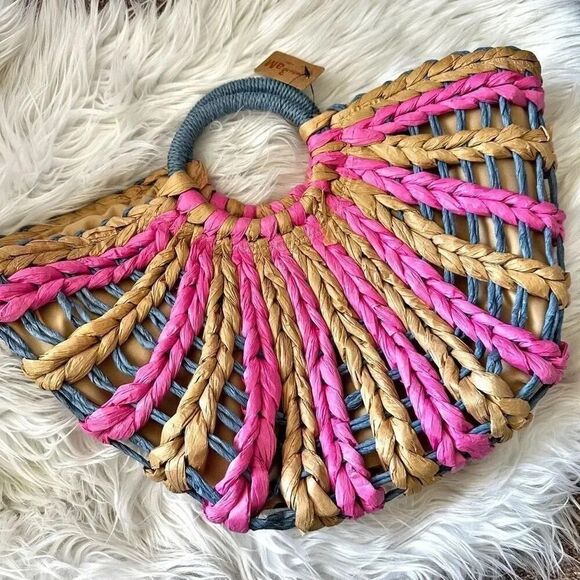 3 AM FOREVER BOUTIQUE | Straw Purse Bag Blue Tan Pink Lined Drawstring - Picture 1 of 6